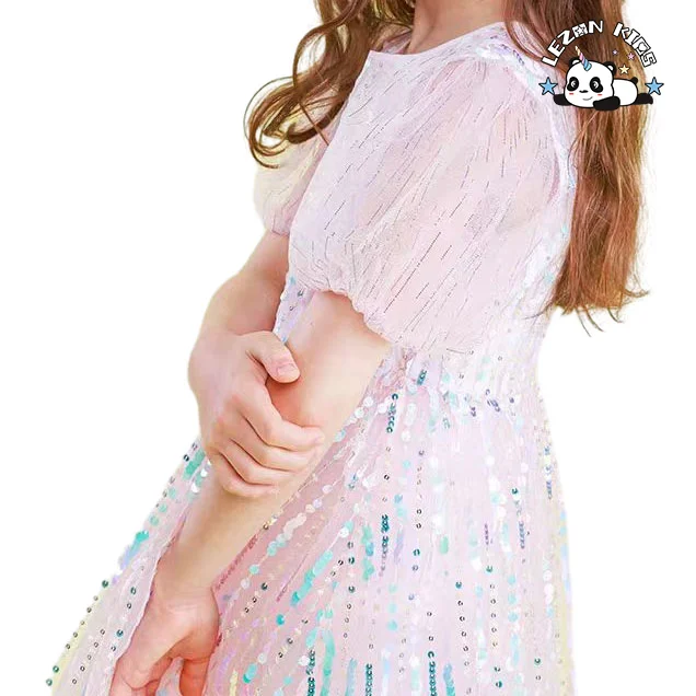 LEZONKIDS - Customizable Wholesale New Product Sweet Short Sleeve Sequin Children Frock Design for 2 to 6 Years Old Girls